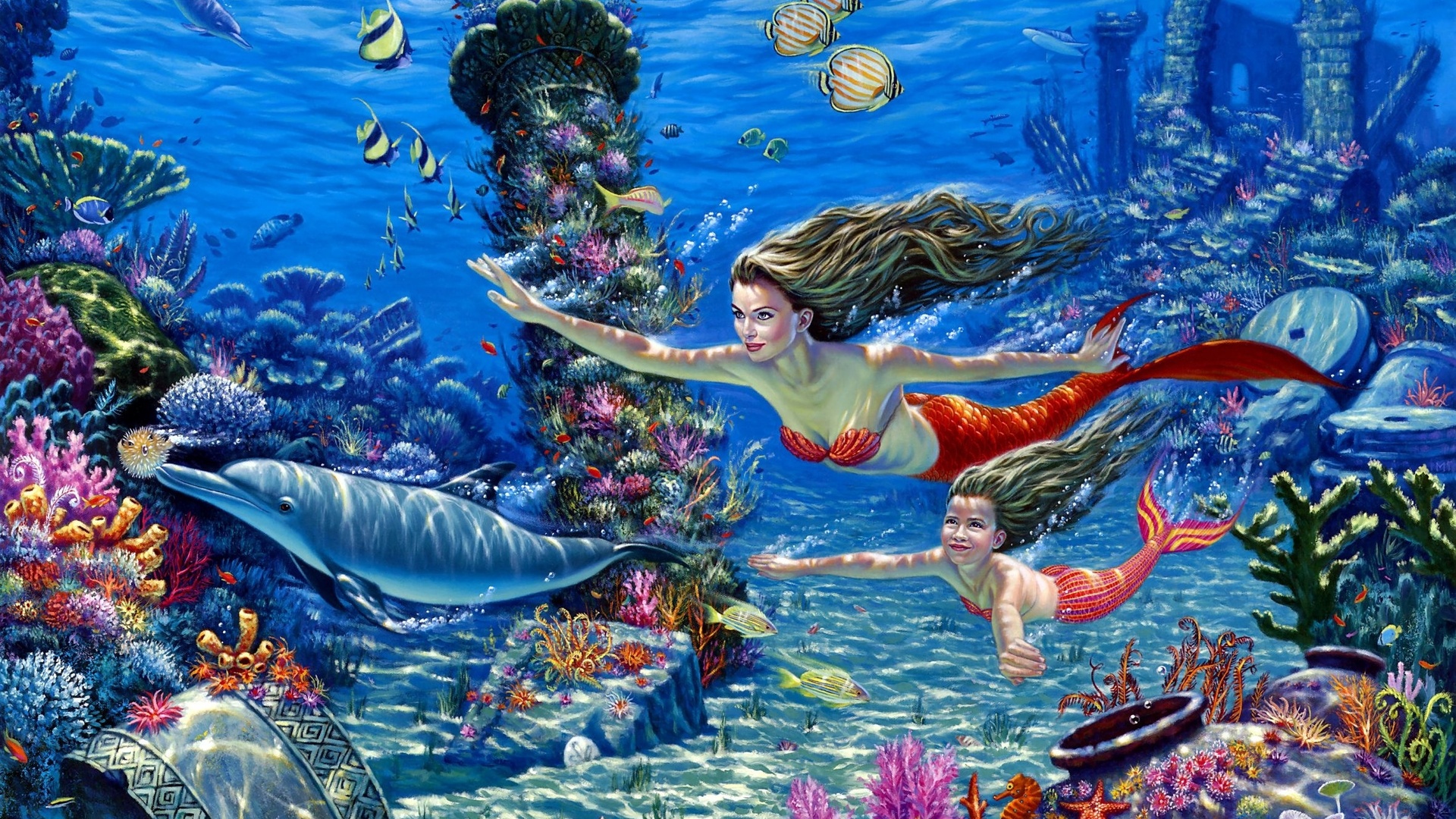 3d papier peint sirène,sous marin,personnage fictif,créature mythique,biologie marine,dauphin