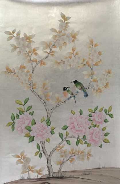 carta da parati uccello d'argento,fiore,fiorire,pianta,ramoscello,tessile
