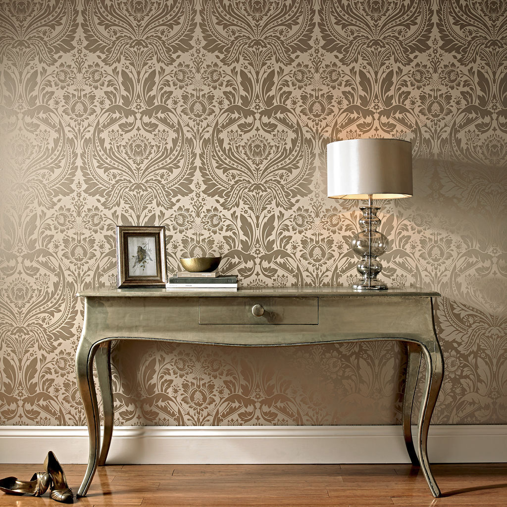 Desire Taupe And Metallic Wallpaper, , Large - Gold And Cream Damask