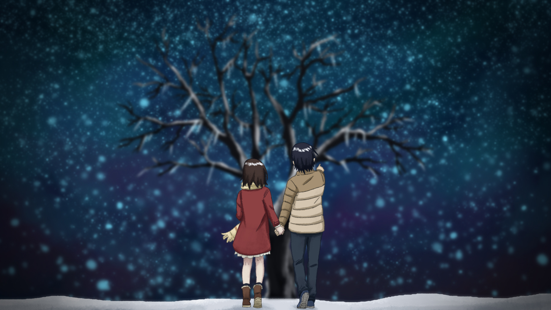 fondo de pantalla de anime borrado,nieve,invierno,cielo,árbol,noche