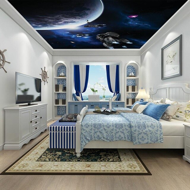papier peint chambre star wars,chambre,plafond,meubles,chambre,bleu