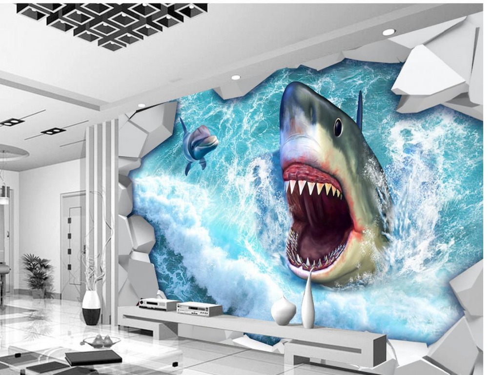 fondo de pantalla de tiburón 3d,pez,gran tiburón blanco,tiburón tigre,mural,tiburón