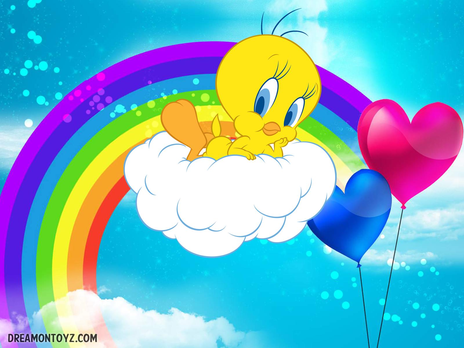 tweety fondo de pantalla hd,dibujos animados,dibujos animados,cielo,arco iris,nube
