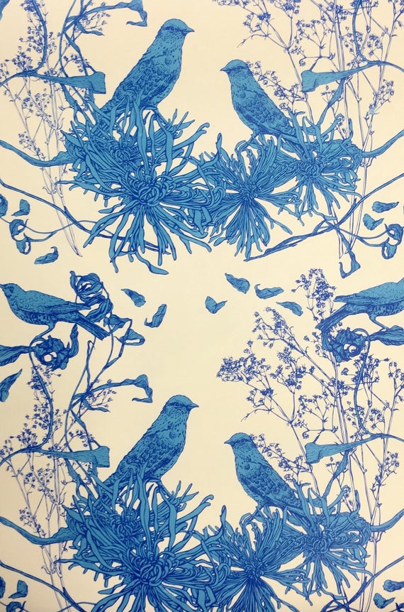 ハンドプリント壁紙,青い,鳥,パターン,設計,壁紙