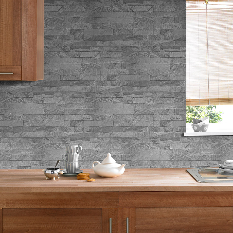 Tile Effect Kitchen Wallpaper Grey Kitchen Wall Paper WallpaperUse