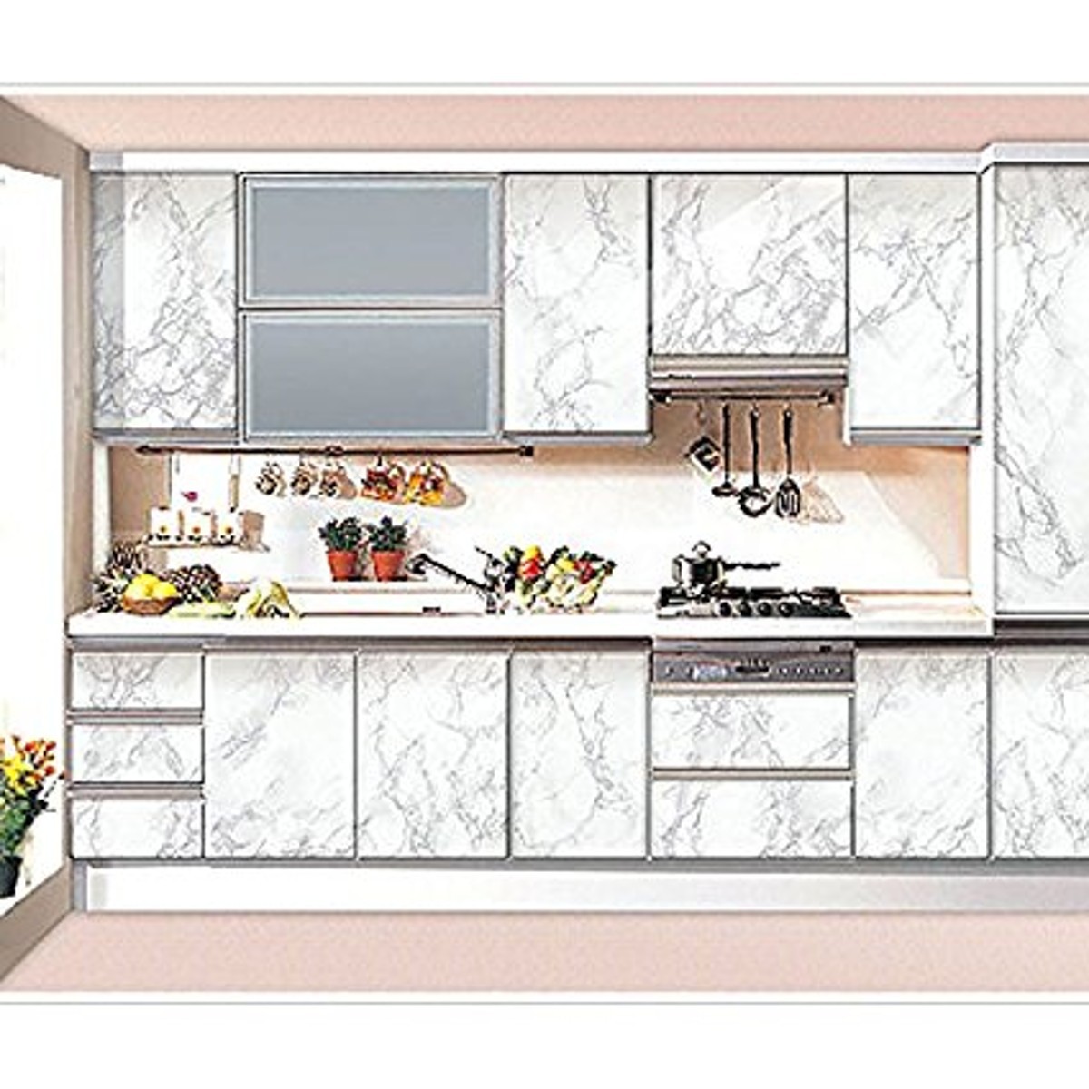 주방 껍질과 스틱 벽지,가구,캐비닛,방,부엌,인테리어 디자인