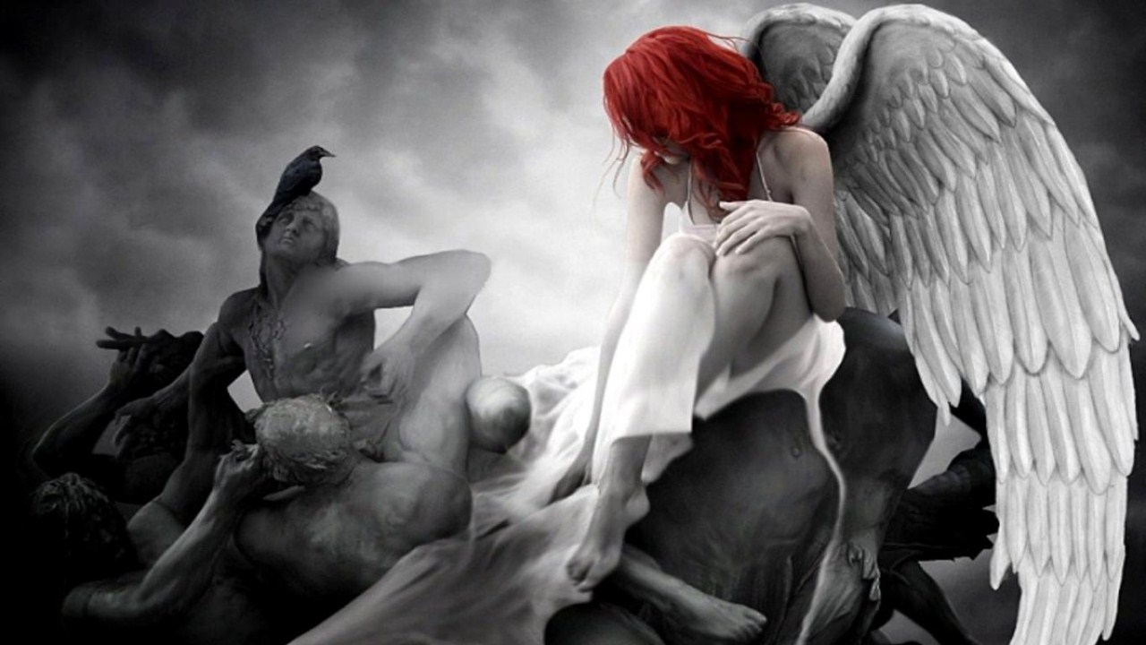 fond d'écran triste romantique,ange,noir et blanc,mythologie,créature surnaturelle,statue