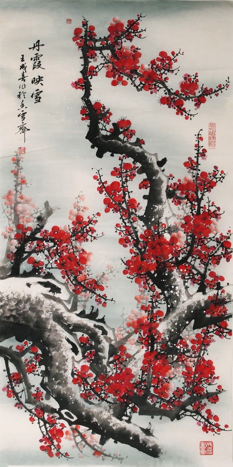 papel pintado chinoise,rojo,árbol,florecer,planta,flor