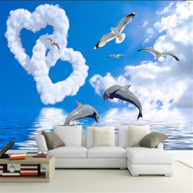 벽지 keluarga,벽지,하늘,벽화,새,돌고래