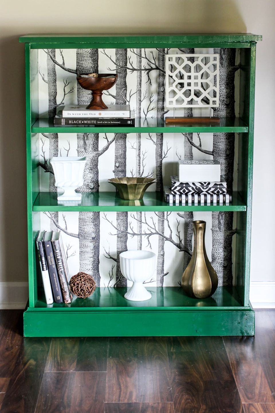 Green Painted Ikea Bookcase With Wallpapered Back class - Bookshelf ...