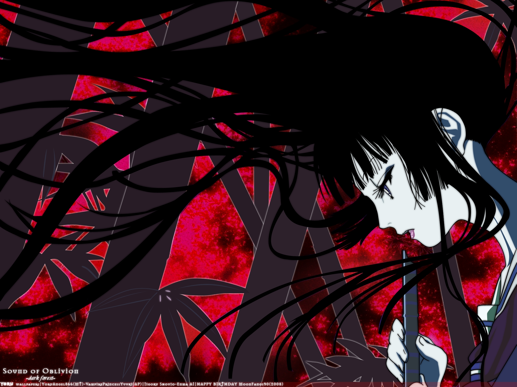 fond d'écran jigoku shoujo,rouge,anime,oeuvre de cg,dessin animé,cheveux noirs