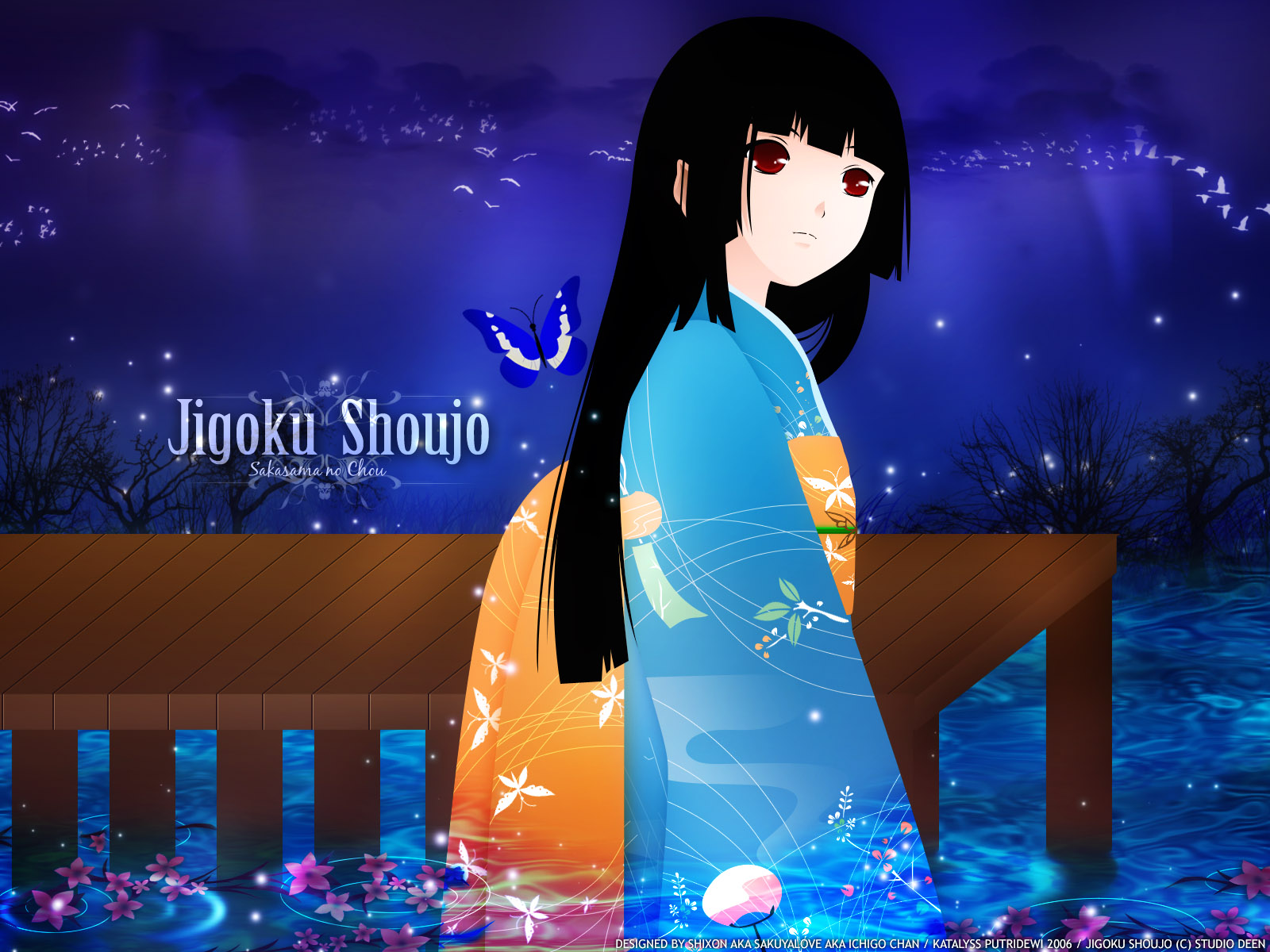 fond d'écran jigoku shoujo,anime,cheveux noirs,ciel,oeuvre de cg,animation