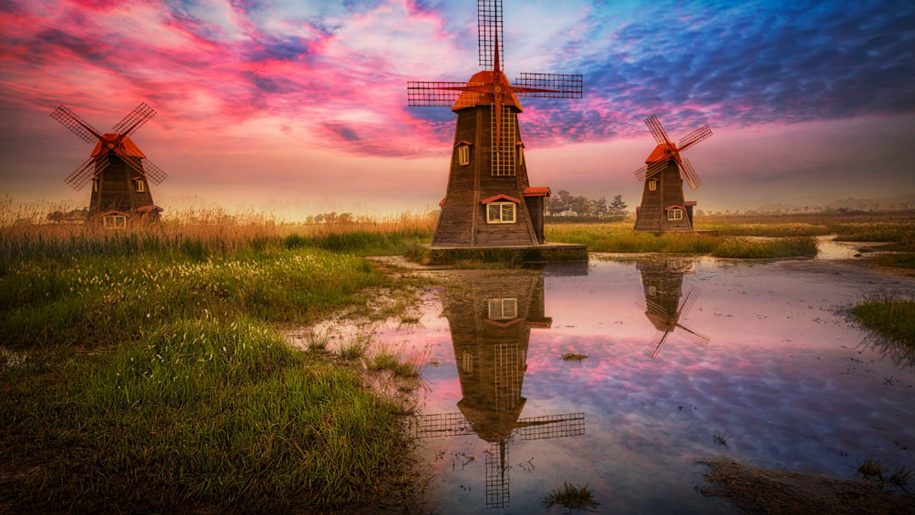 fondo de pantalla holandés,molino,cielo,paisaje natural,reflexión,mañana