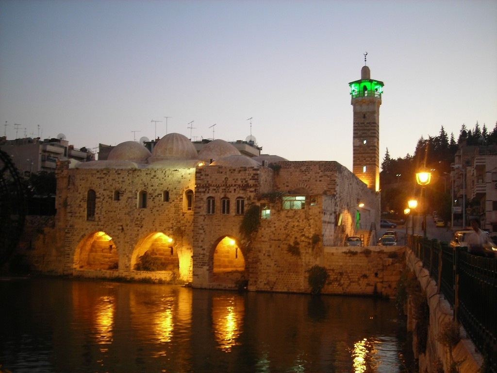 다마스커스 벽지,수로,도시,밤,저녁,반사