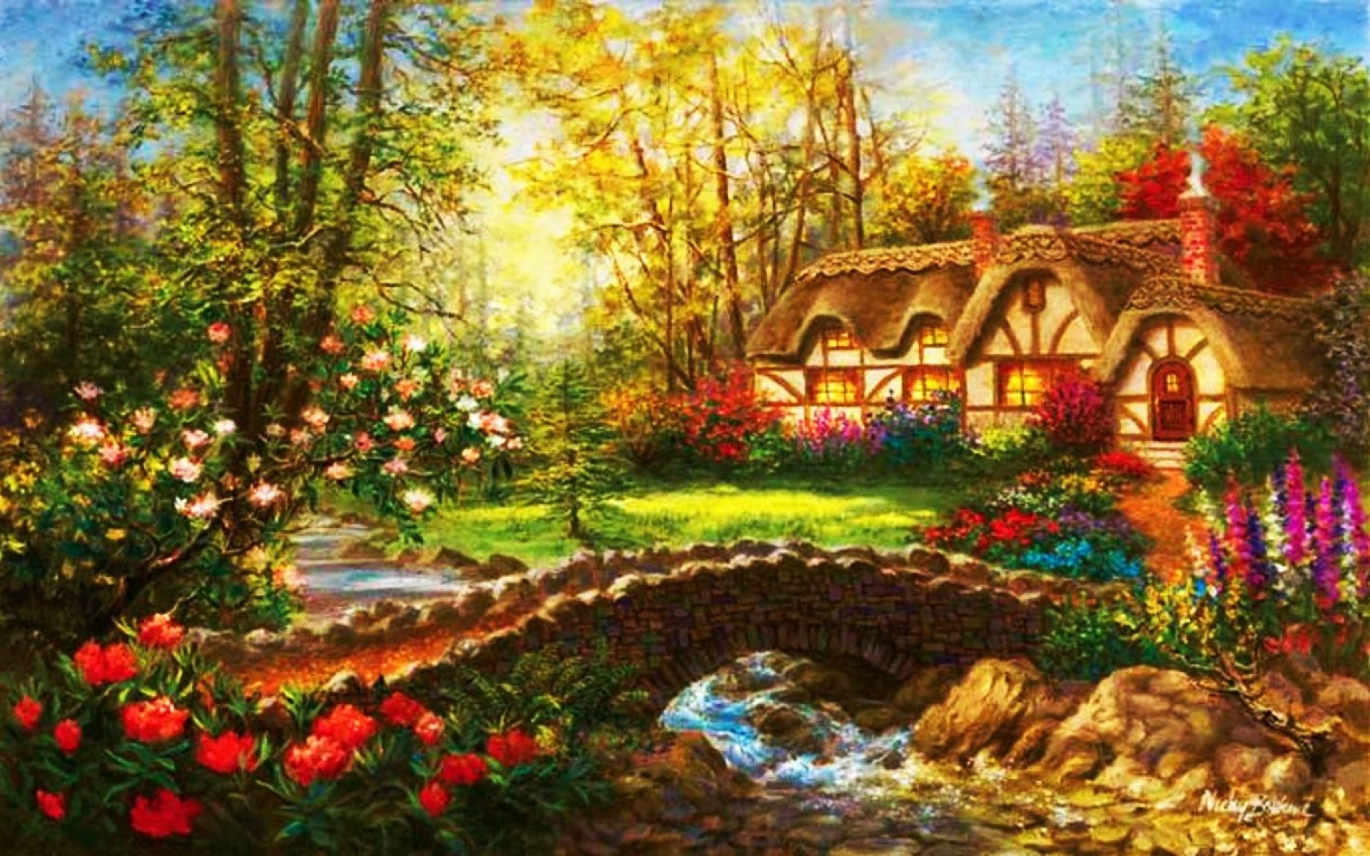 carta da parati cottage,paesaggio naturale,natura,pittura,paesaggio,colori acrilici