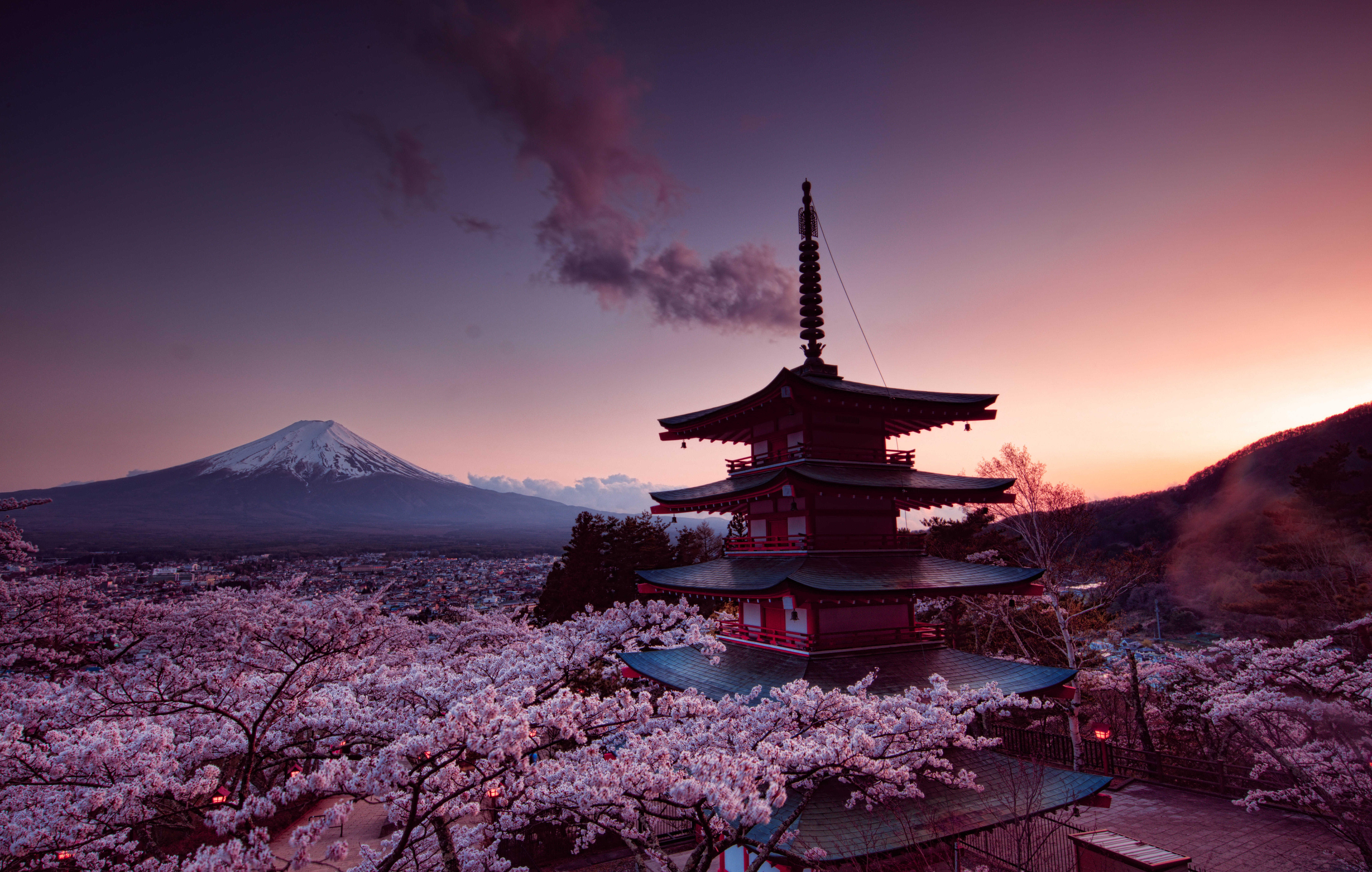 fondo de pantalla japonés,cielo,flor,flor de cerezo,florecer,pagoda